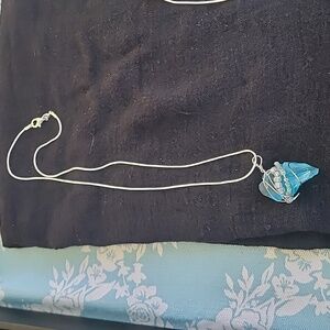 Handmade Blue beaded wire wrap Sea Glass necklace Sterling Silver snake chain